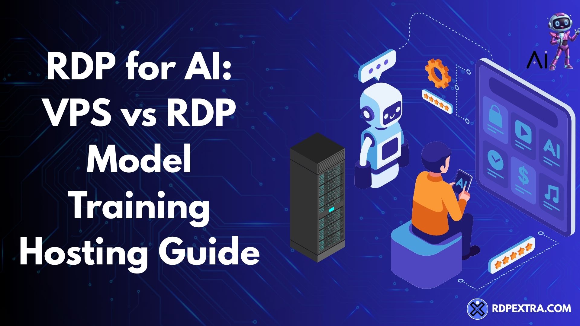RDP for AI vs VPS comparison showing model training, GPU servers, and AI hosting workflow with remote desktop and virtual private server concepts.