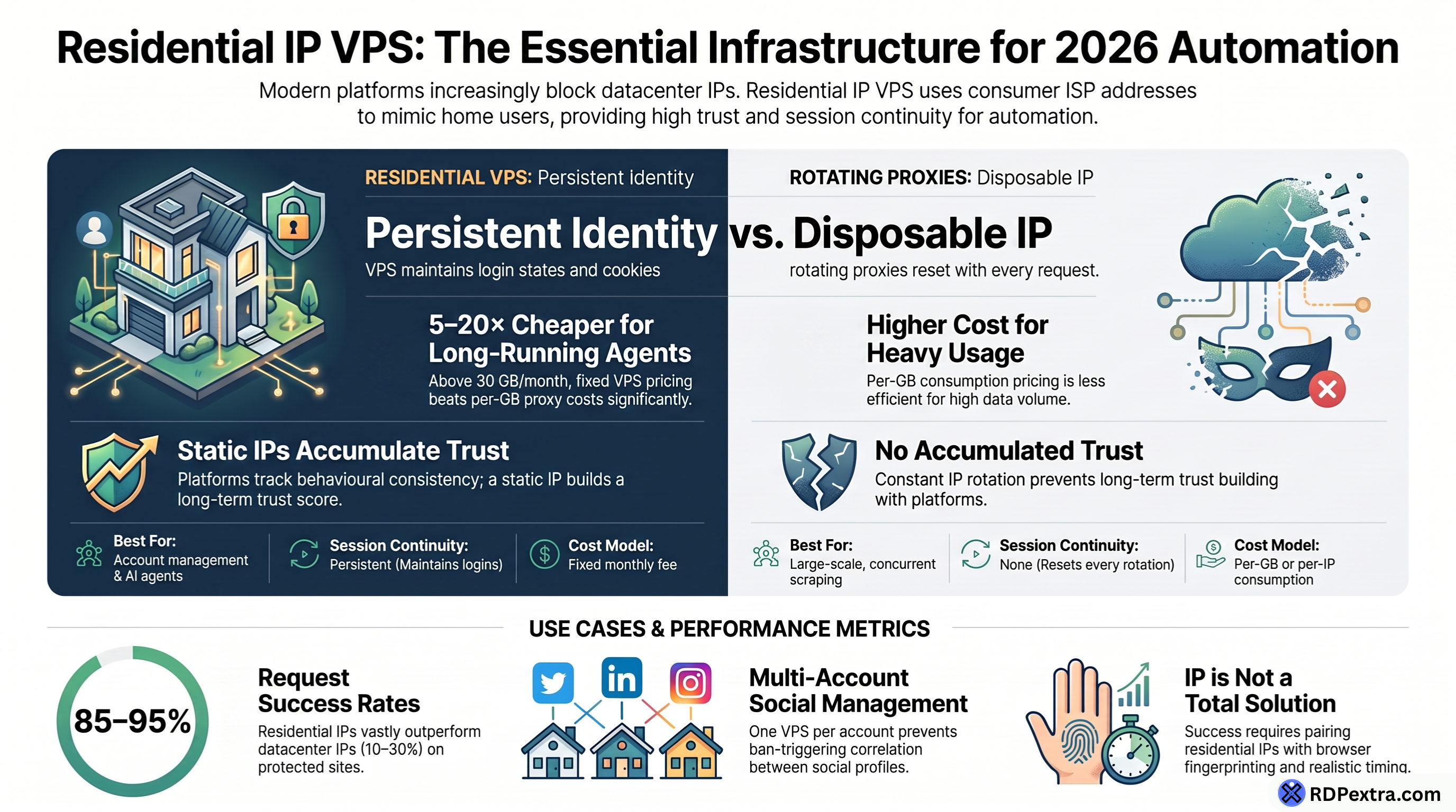 Residential IP VPS infographic comparing persistent residential VPS with rotating proxies for automation, scraping, account management, and long-term session stability.