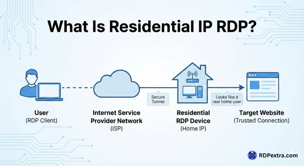 LAN network diagram illustrating a residential home network setup, showing how internet traffic routes through a firewall, router, and wifi to devices like laptops, mobiles, and servers for Residential IP RDP.