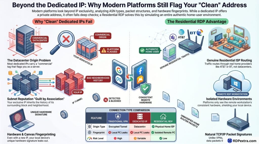 Infographic comparing dedicated IPs and residential RDP, showing how ASN classification, subnet reputation, hardware fingerprinting, and residential ISP routing affect platform trust and detection.