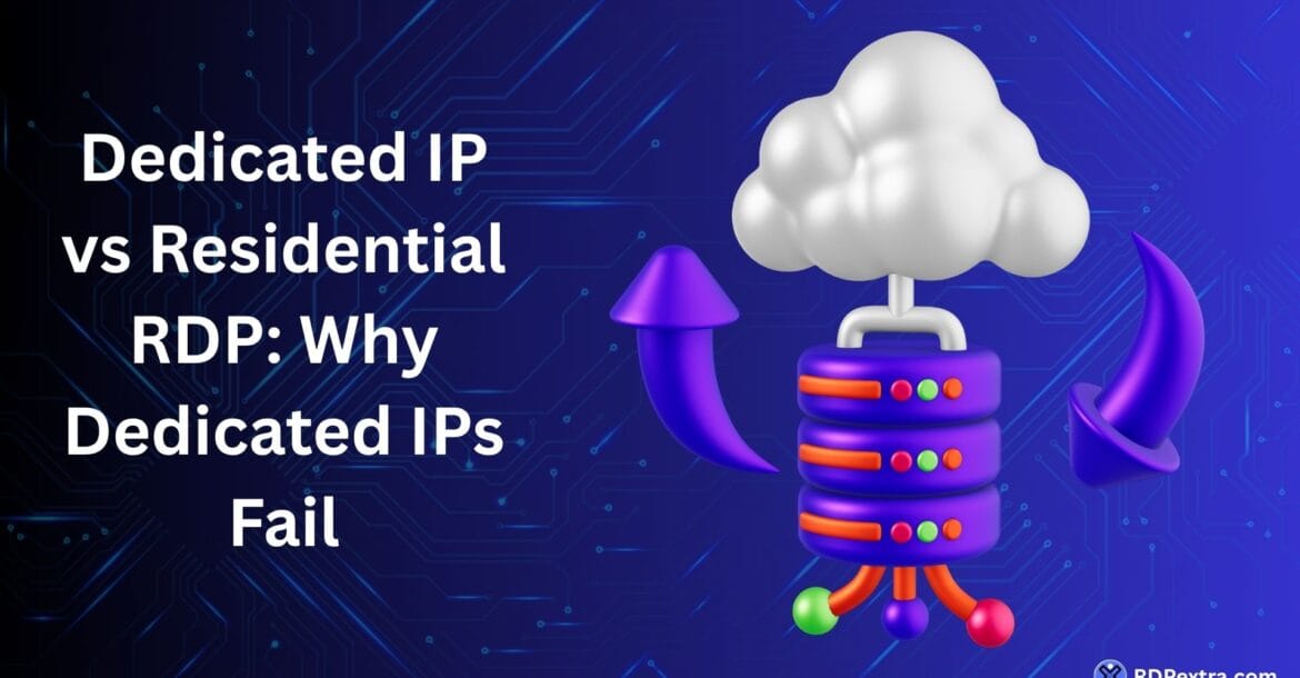 Featured image titled "Dedicated IP vs Residential RDP: Why Dedicated IPs Fail" with server graphics and cloud networking elements on a technology-themed background.