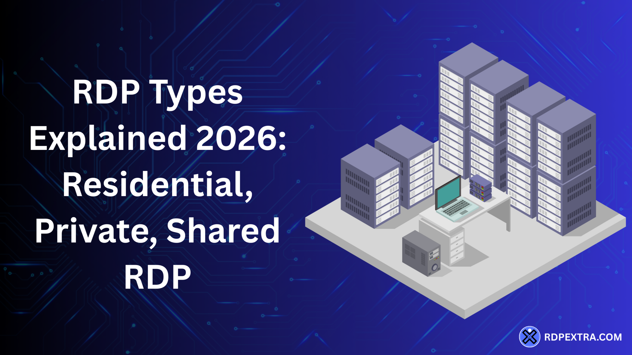 Illustration showing different RDP types in 2026 including residential RDP, private RDP, and shared RDP with server infrastructure and remote desktop setup.
