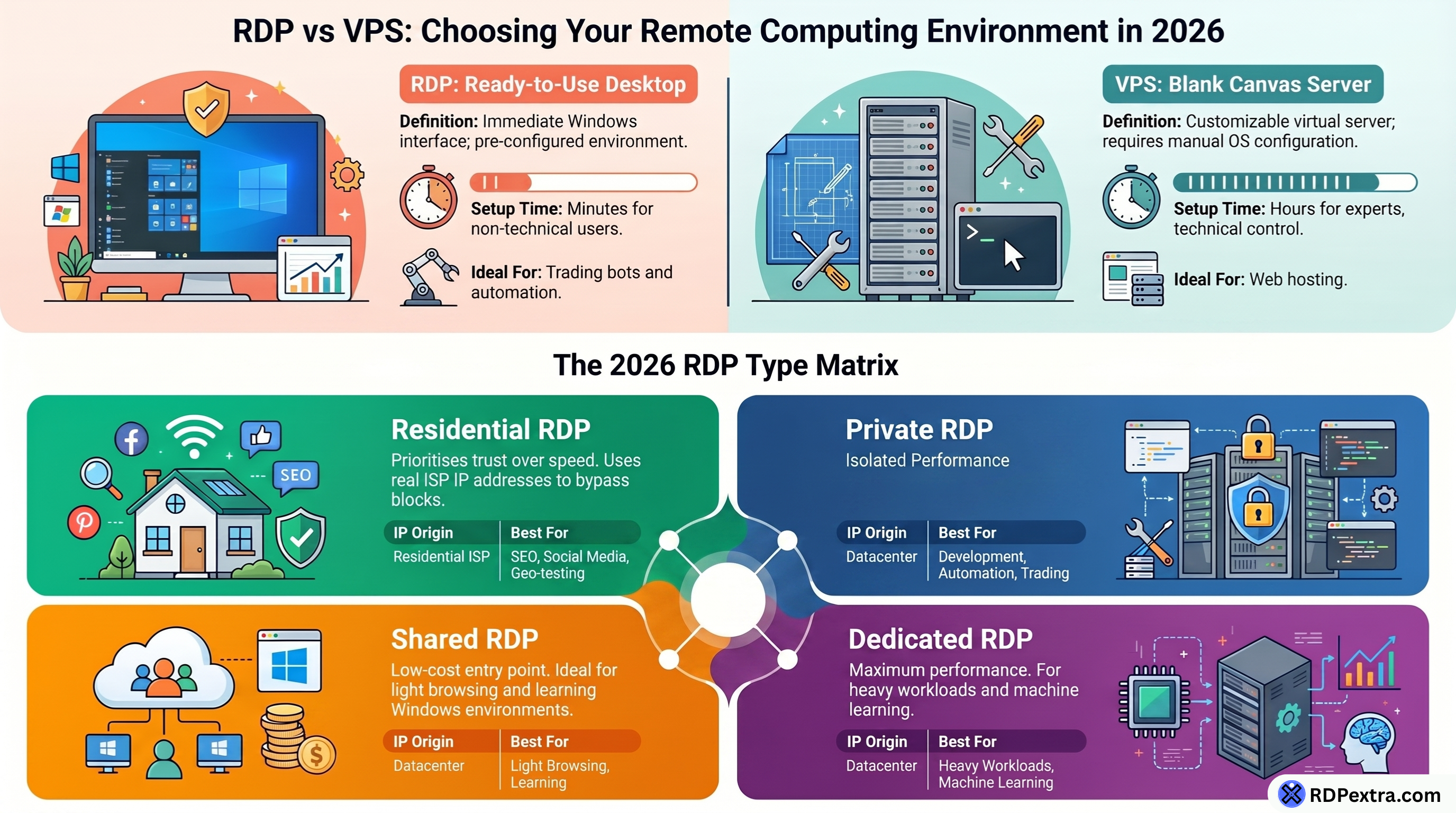 Infographic comparing RDP and VPS in 2026, including setup time, use cases, customization options, and a matrix of Residential, Private, Shared, and Dedicated RDP types.