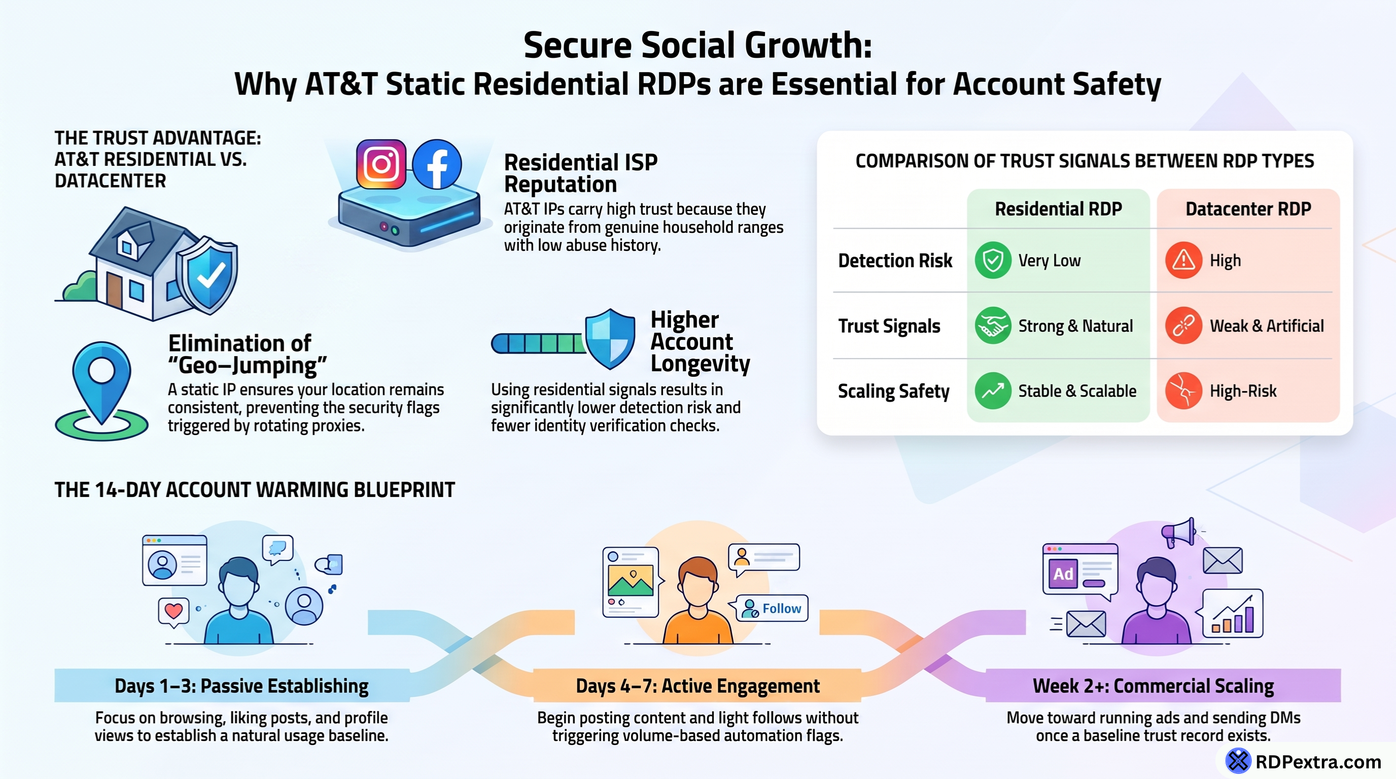 Infographic explaining how AT&T static residential RDP improves Instagram and Facebook account safety with trusted residential IPs, lower detection risk, and secure account growth.