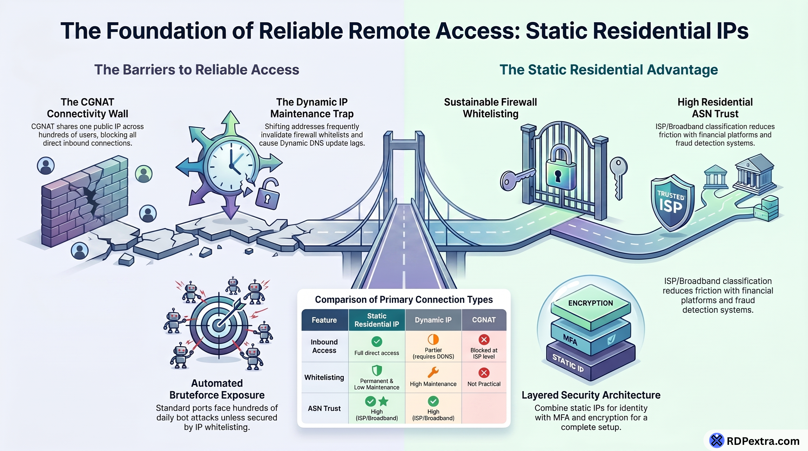 Infographic explaining how static residential IPs improve remote access by overcoming CGNAT limitations, enabling firewall whitelisting, and providing trusted ISP-based connectivity.