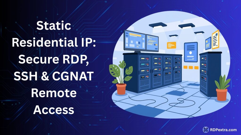 Illustration of a server room representing static residential IP remote access for secure RDP, SSH connectivity, and CGNAT-free remote management.