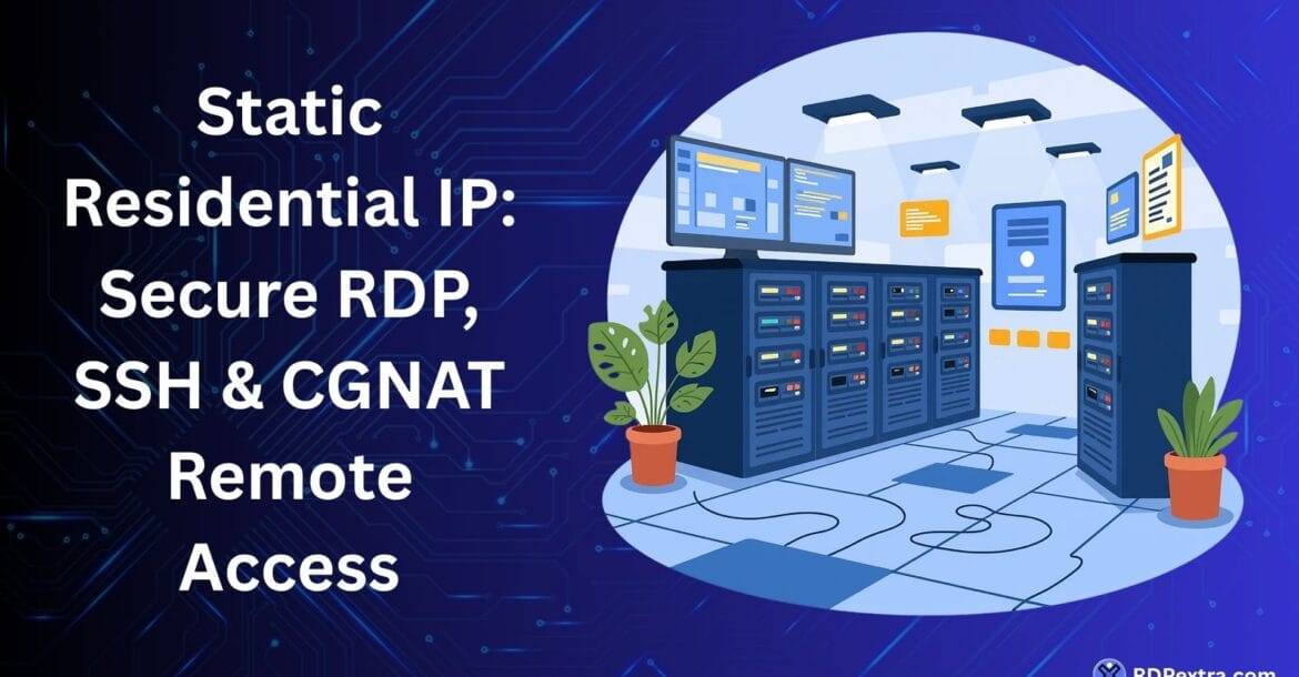 Illustration of a server room representing static residential IP remote access for secure RDP, SSH connectivity, and CGNAT-free remote management.