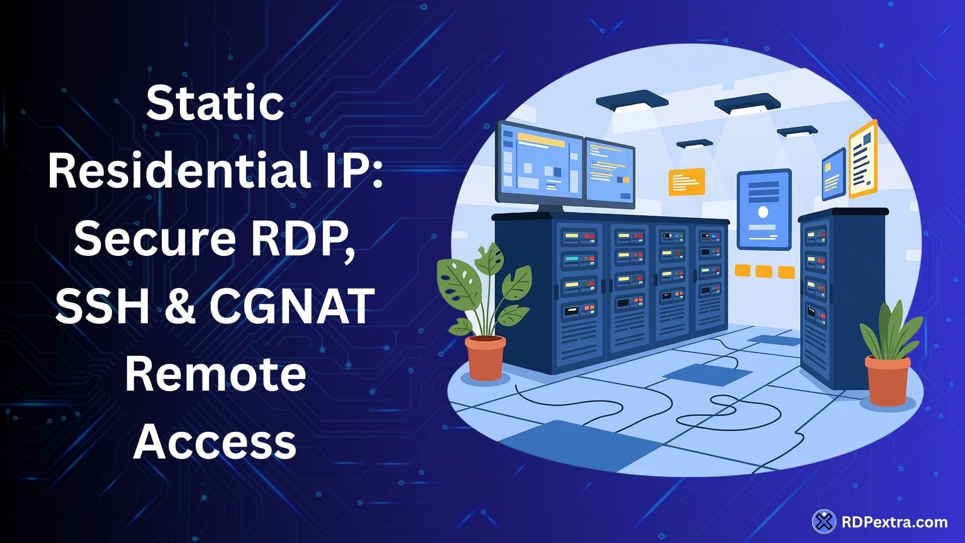 Illustration of a server room representing static residential IP remote access for secure RDP, SSH connectivity, and CGNAT-free remote management.