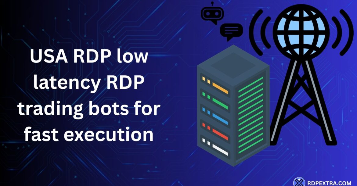 Illustration of a USA-based low latency RDP server designed for trading bots and fast execution, showing server hardware and network connectivity.