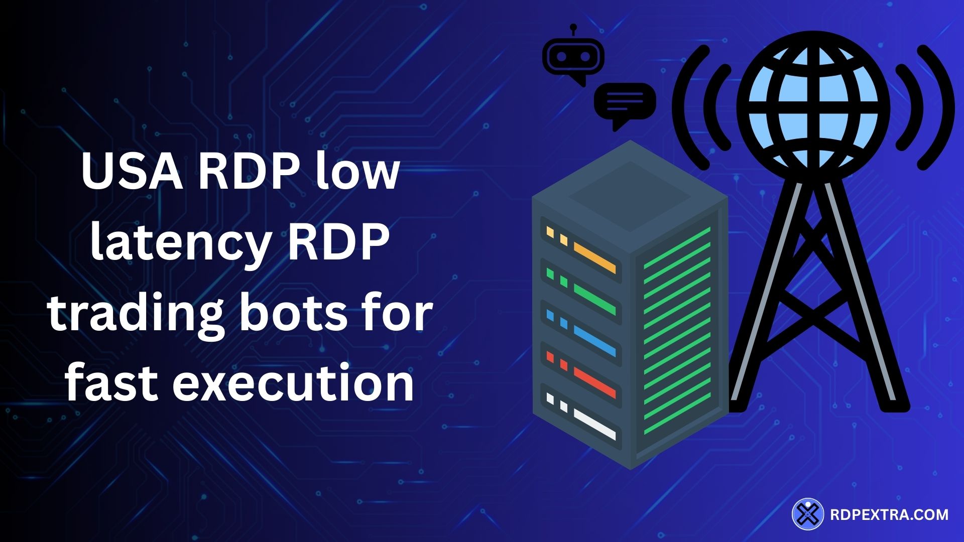 Illustration of a USA-based low latency RDP server designed for trading bots and fast execution, showing server hardware and network connectivity.
