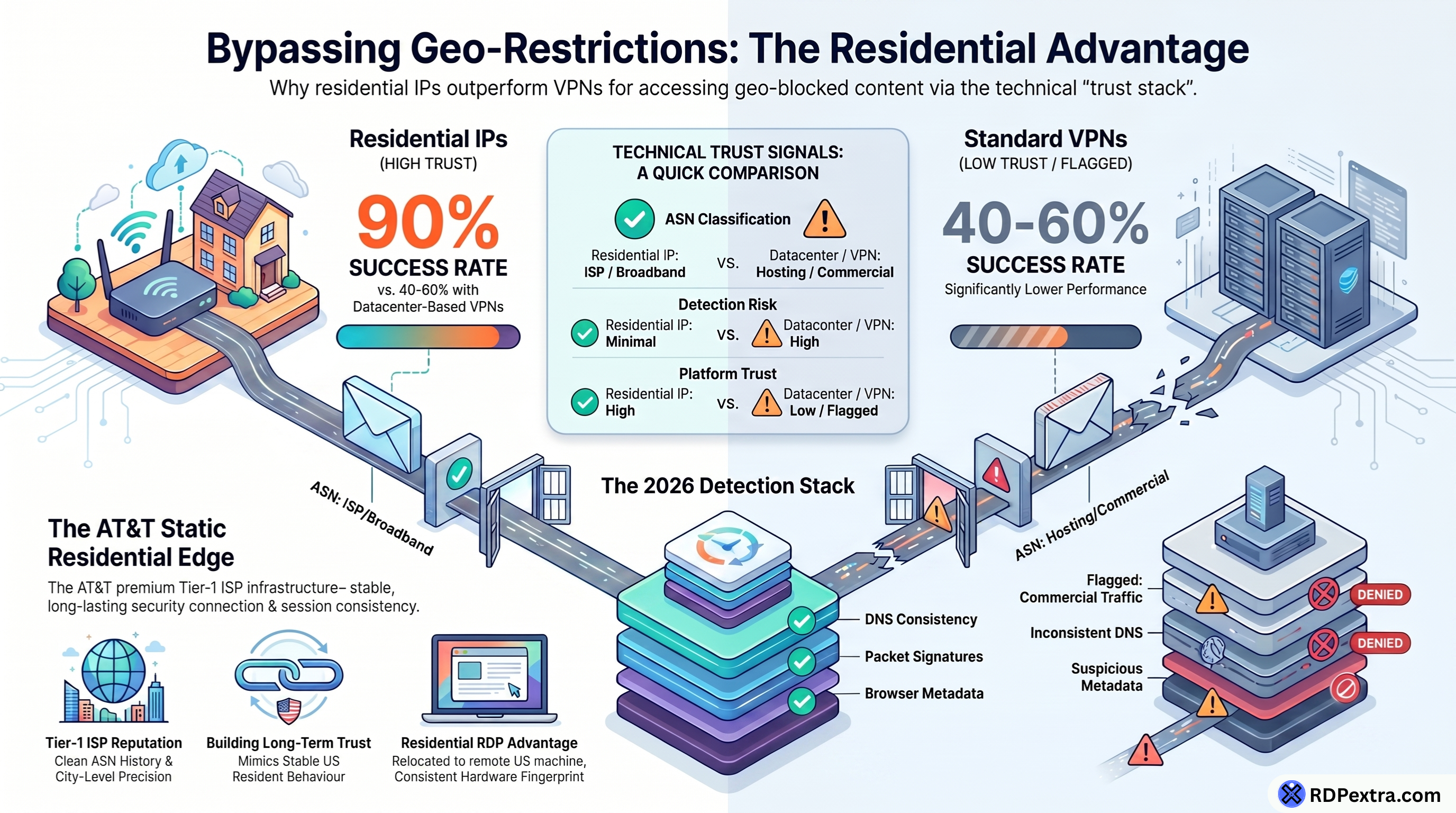 Bypassing geo-restrictions infographic comparing residential IP RDP and standard VPNs, highlighting higher success rates, ISP trust signals, AT&T static residential IP benefits, and lower detection risk for accessing geo-blocked content.