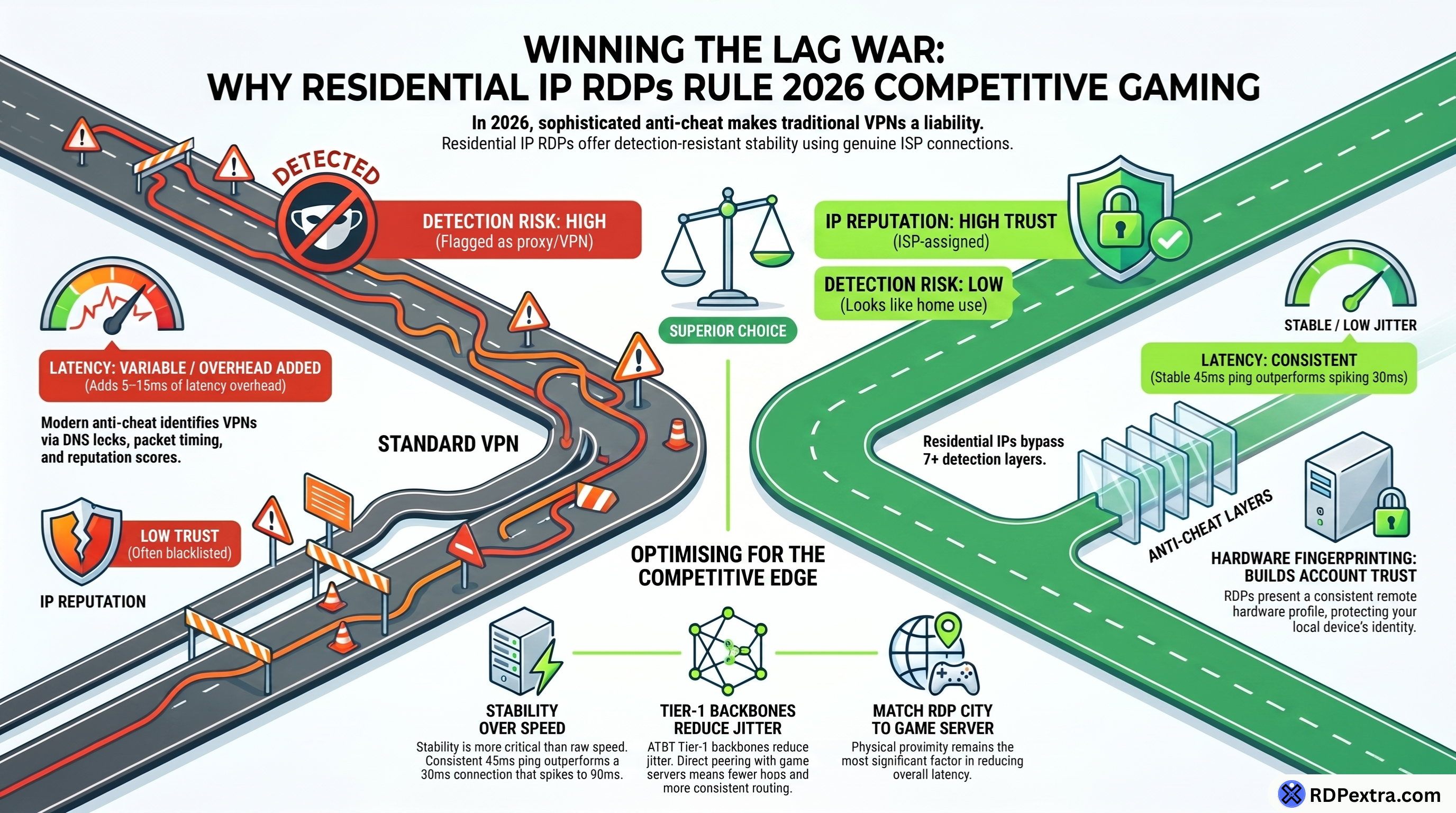 Winning the Lag War infographic comparing Residential IP RDP and VPN for competitive gaming in 2026, highlighting lower detection risk, stable latency, reduced jitter, and improved anti-cheat compatibility.