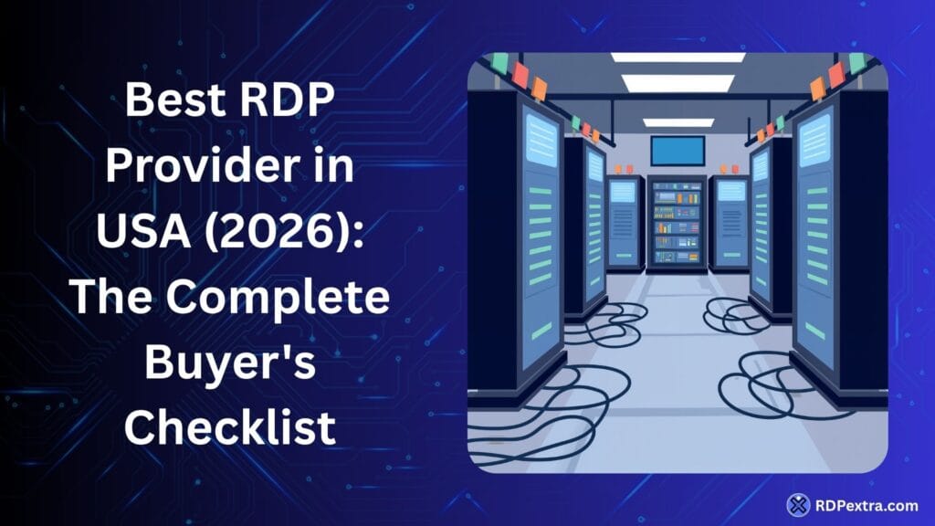 Featured image for a guide about the best RDP provider in USA, showing a server room and data center infrastructure representing residential and dedicated RDP hosting solutions.
