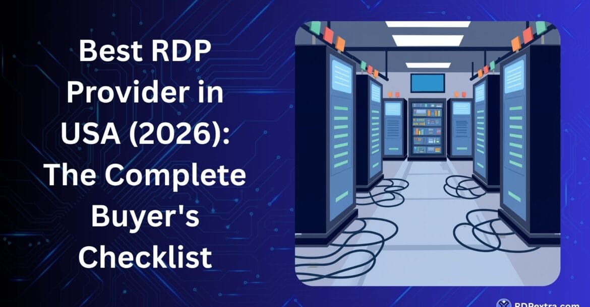 Featured image for a guide about the best RDP provider in USA, showing a server room and data center infrastructure representing residential and dedicated RDP hosting solutions.
