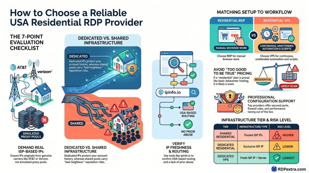 Infographic explaining how to choose a reliable USA residential RDP provider, including ISP-based IP verification, dedicated vs shared infrastructure, routing validation, pricing evaluation, and workflow matching.