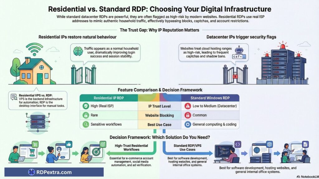 Infographic showing how residential IP RDP compares with standard datacenter RDP in trust level, blocking risk, and best use cases.