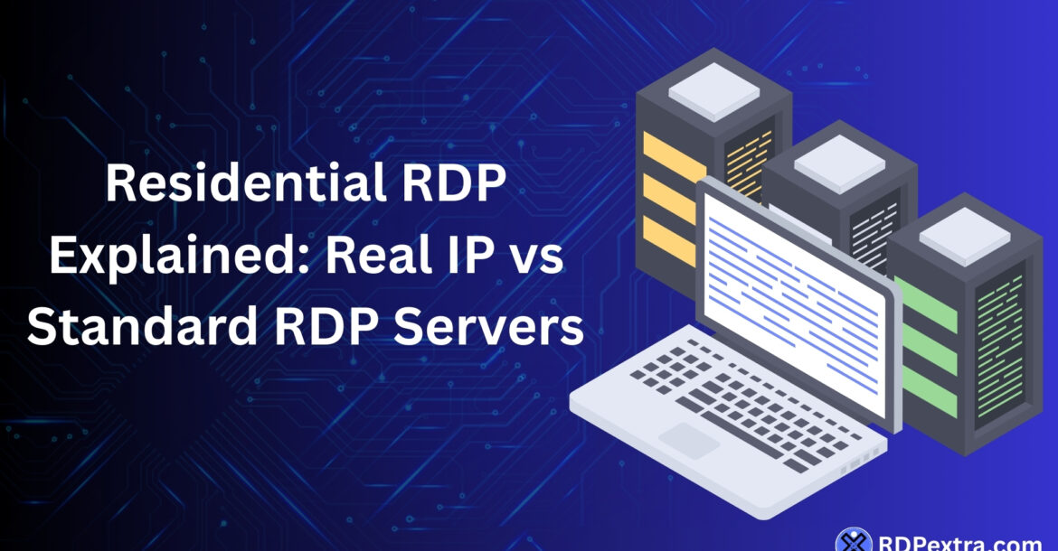 Illustration showing residential RDP using real ISP IP compared with standard datacenter RDP servers.