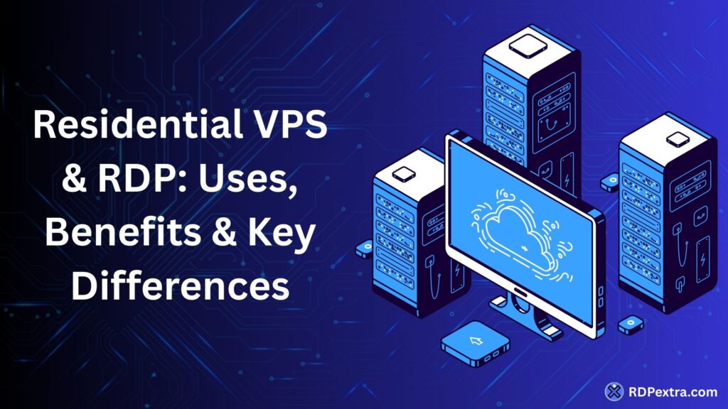 Residential VPS and RDP infrastructure showing cloud servers, remote desktop system, and network connections illustrating uses and key differences