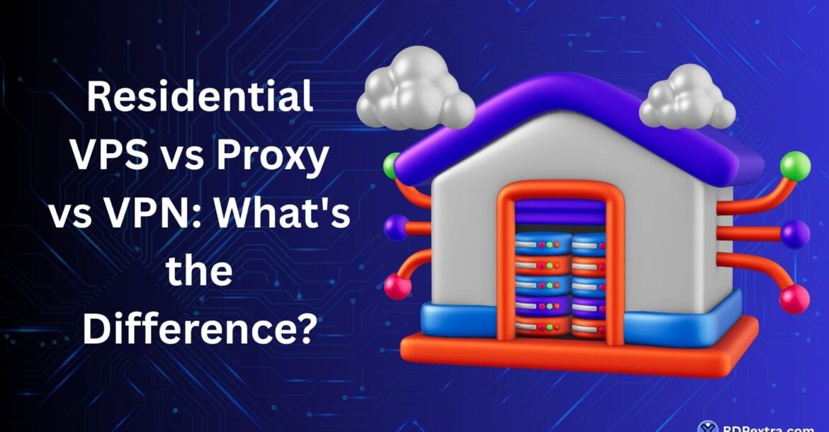 3D illustration representing Residential VPS vs Proxy vs VPN with a residential server connected to a network, highlighting the differences between remote infrastructure and traffic-routing solutions.