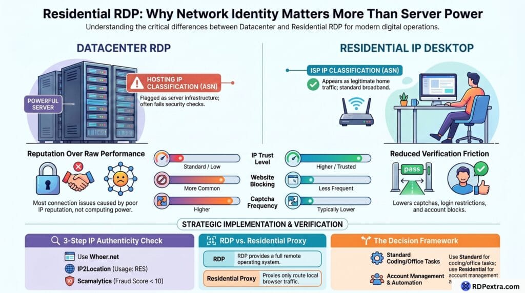 Comparison infographic showing Datacenter RDP versus Residential IP Desktop, highlighting differences in IP trust, website blocking, CAPTCHA frequency, IP verification methods, and residential proxy comparisons.