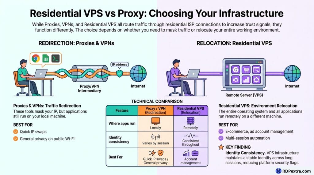 Infographic comparing Residential VPS vs Proxy and VPN, showing traffic redirection versus full environment relocation, with a technical comparison of identity consistency, application location, and best use cases.