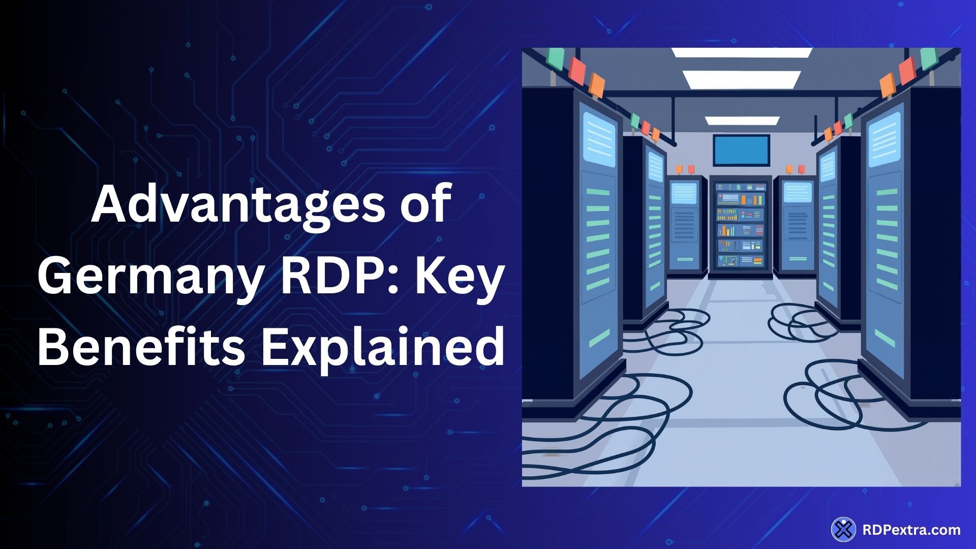 Illustration of a server data center representing the key advantages of Germany RDP hosting and remote desktop infrastructure.