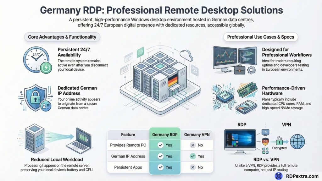 Infographic explaining Germany RDP professional remote desktop solutions including 24/7 availability, German IP address, dedicated resources, and RDP vs VPN comparison.