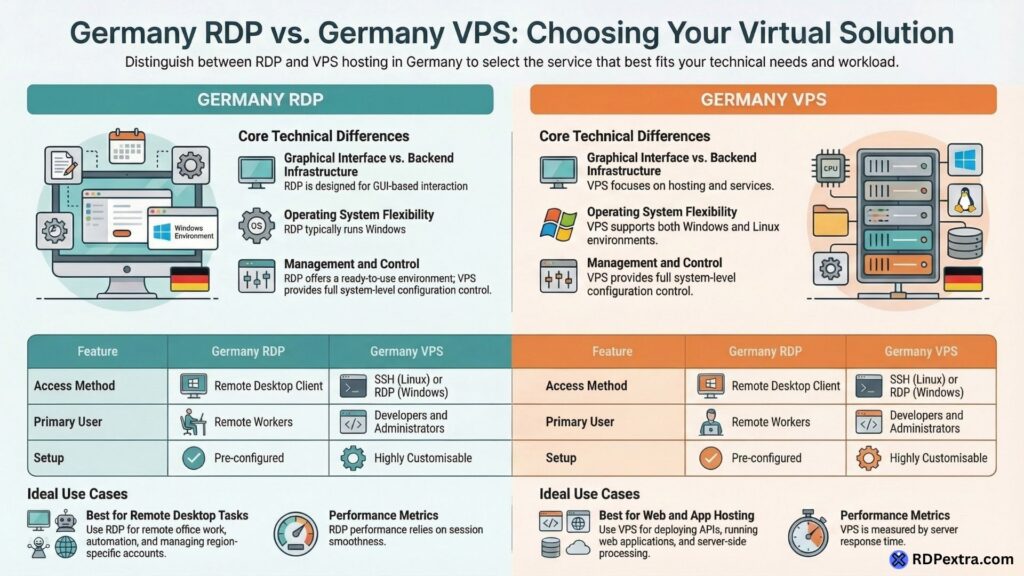 Infographic comparing Germany RDP and Germany VPS features including access method, operating system support, setup, and ideal use cases.
