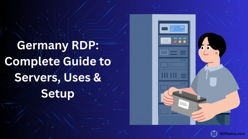 Illustration of a server rack and technician representing a complete guide to Germany RDP servers, their uses, and setup process.