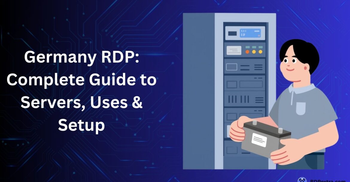 Illustration of a server rack and technician representing a complete guide to Germany RDP servers, their uses, and setup process.