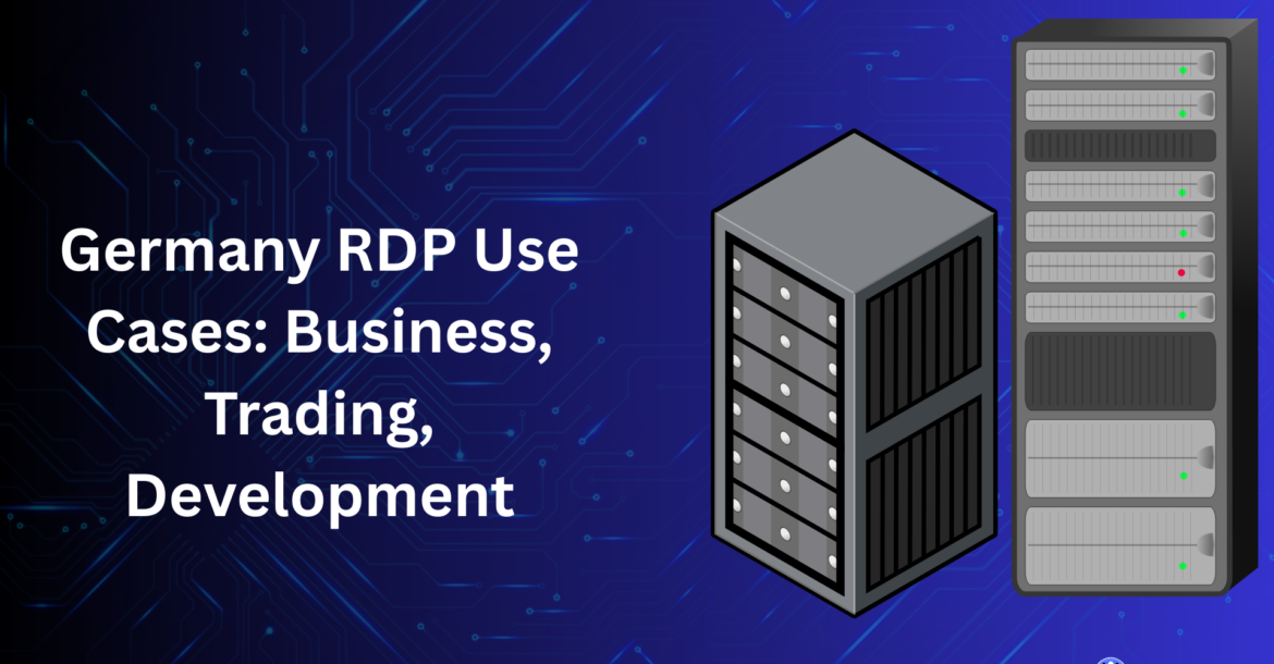 Illustration showing Germany RDP server infrastructure representing use cases for business operations, trading platforms, and software development.