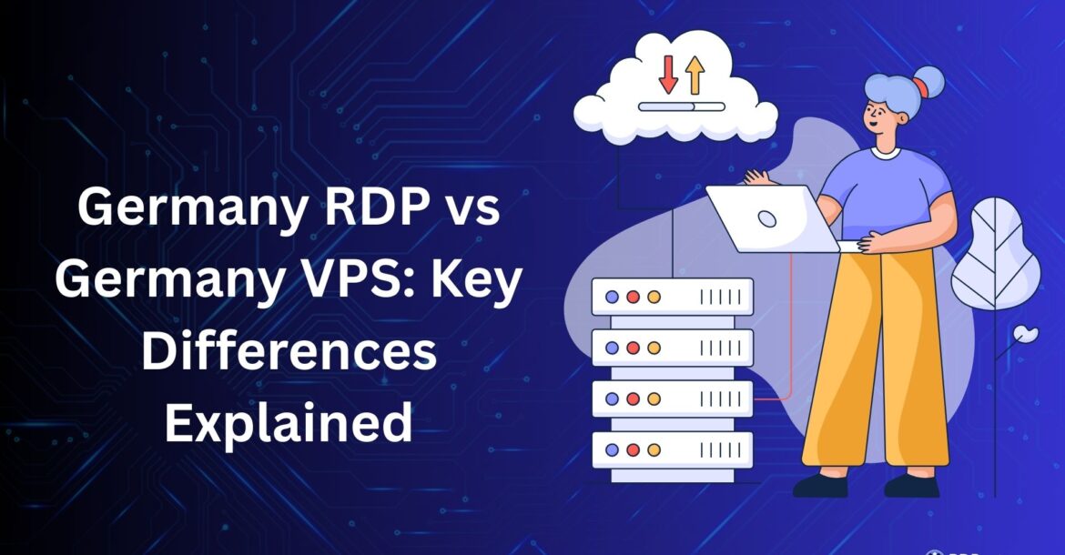 Illustration comparing Germany RDP and Germany VPS showing server infrastructure, cloud connection, and virtual hosting differences.