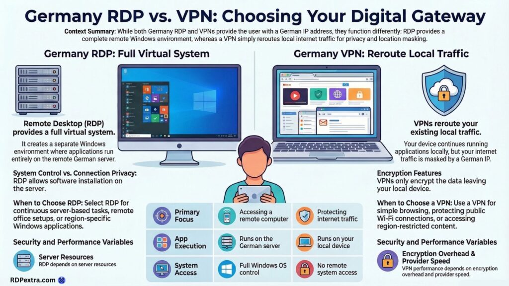 Infographic comparing Germany RDP and VPN showing full remote desktop system vs encrypted internet traffic routing.