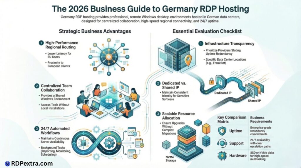 Infographic showing the 2026 business guide to Germany RDP hosting, highlighting strategic advantages, centralized team collaboration, scalable resources, dedicated vs shared IP, and infrastructure evaluation checklist.