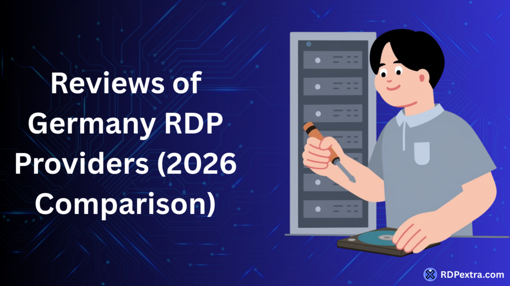 Reviews of Germany RDP providers 2026 comparison infographic with server management illustration