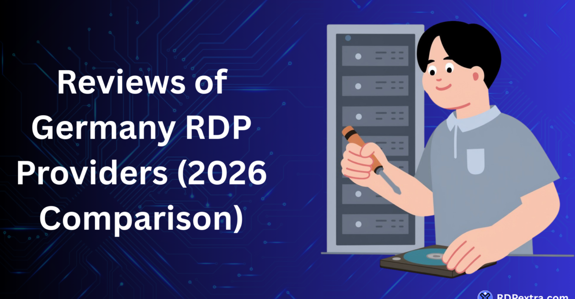 Reviews of Germany RDP providers 2026 comparison infographic with server management illustration