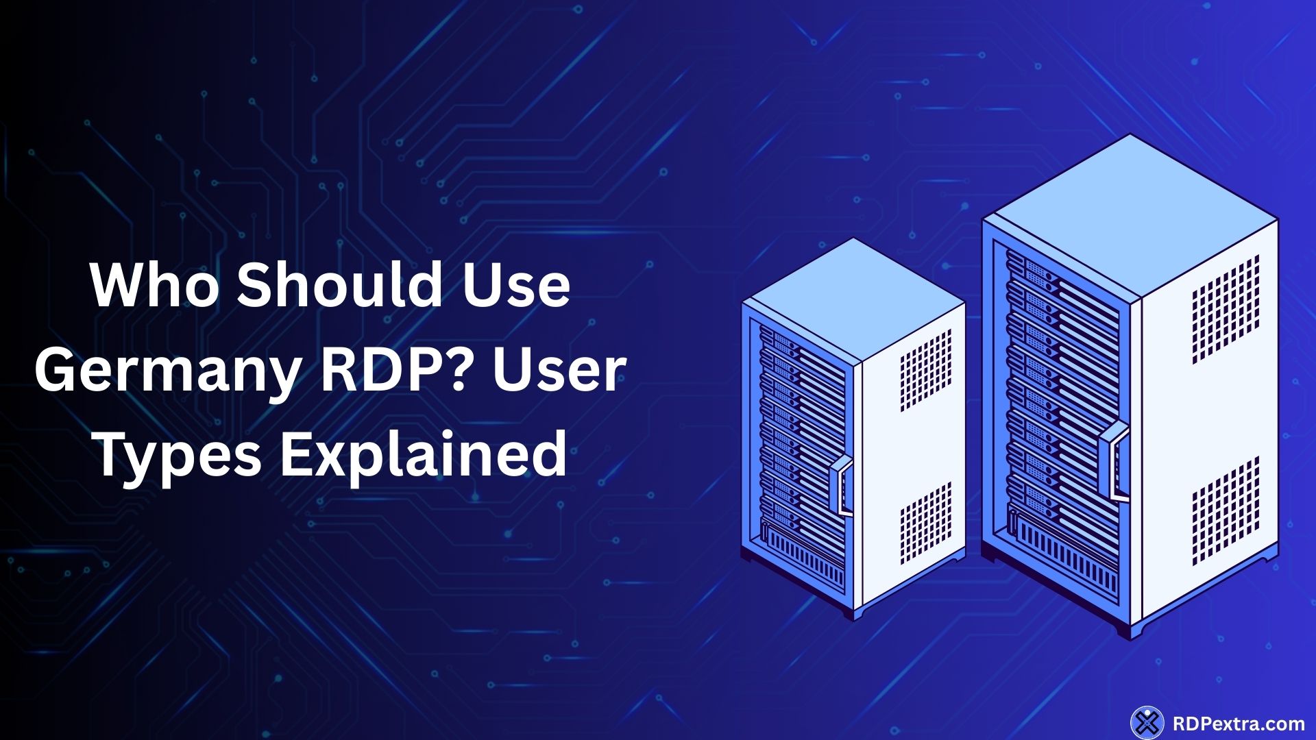 Illustration showing server racks representing different user types who use Germany RDP for remote desktop access and server-based work.