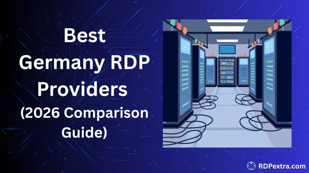 Best Germany RDP Providers 2026 comparison guide with data center servers and hosting infrastructure illustration.