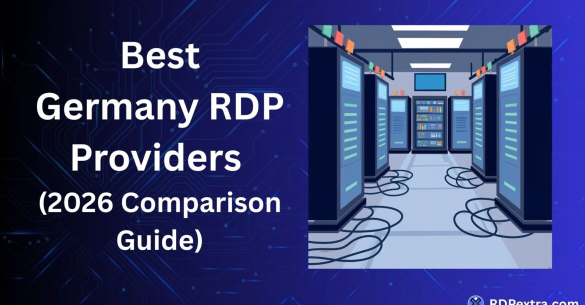 Best Germany RDP Providers 2026 comparison guide with data center servers and hosting infrastructure illustration.