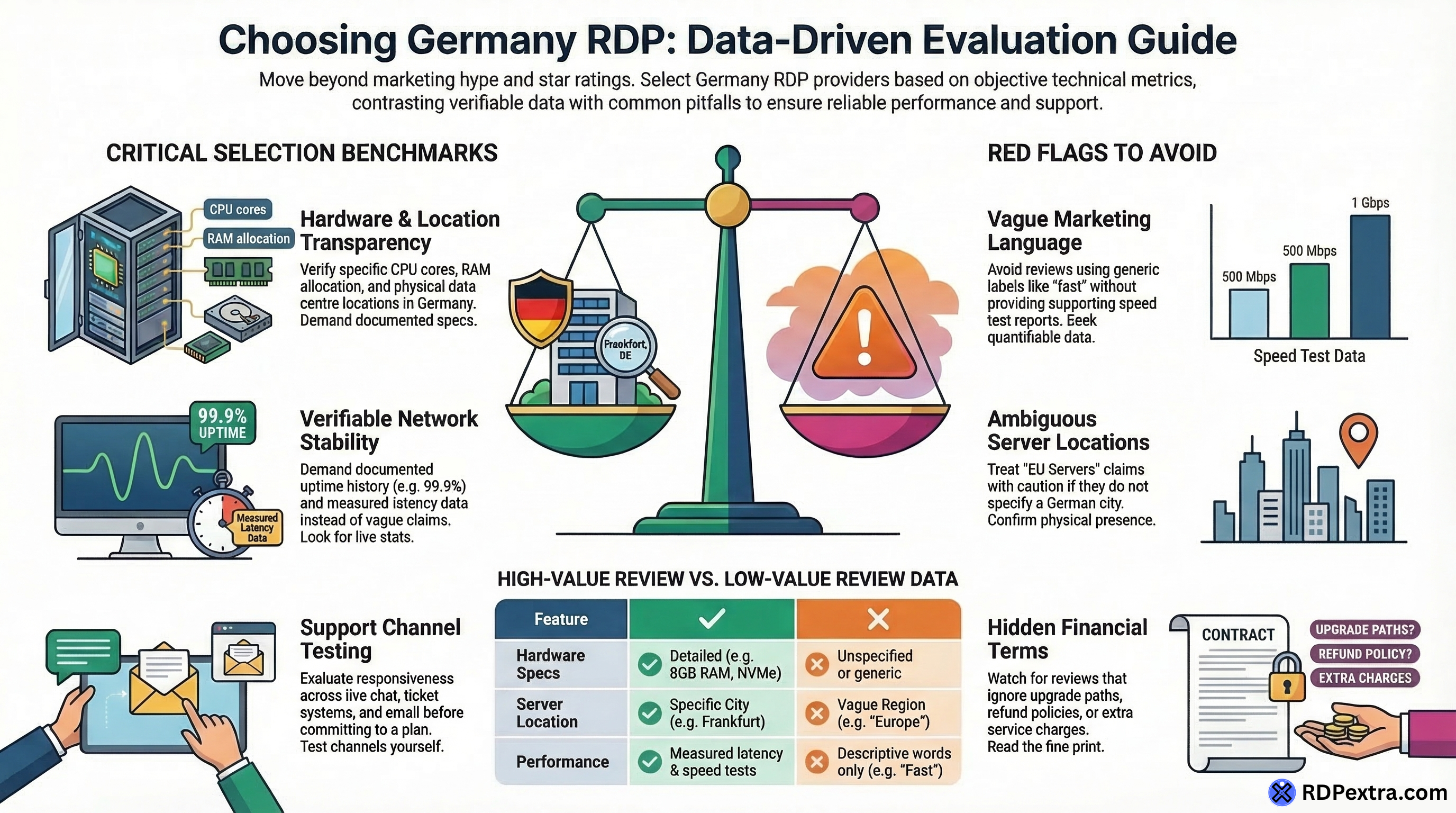 Choosing Germany RDP data driven evaluation guide showing benchmarks, network stability, and provider review criteria