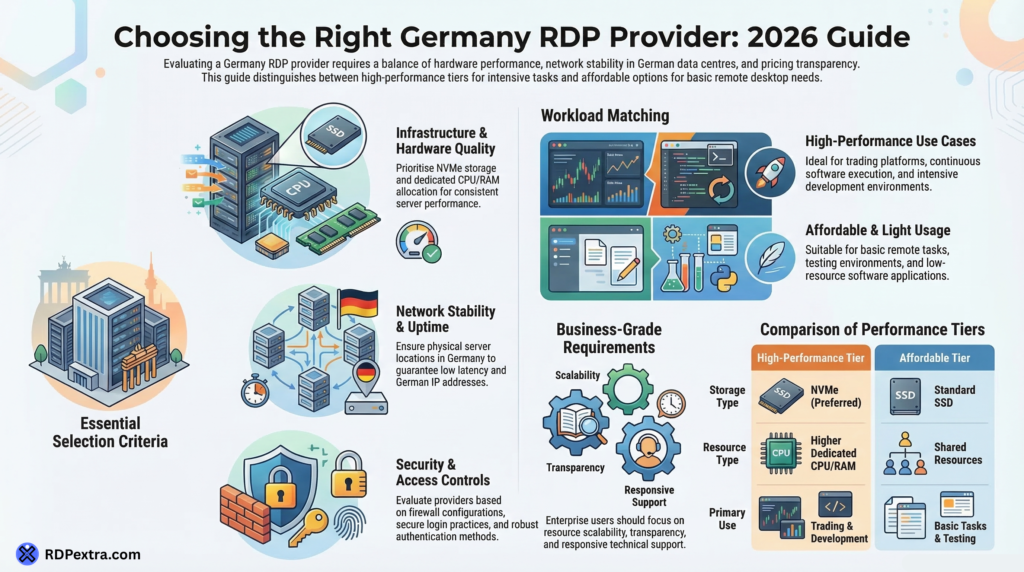 Choosing the right Germany RDP provider infographic showing hardware performance, NVMe storage, network stability in German data centers, security controls, and comparison between high-performance and affordable RDP tiers.