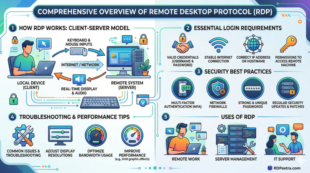 Comprehensive overview of Remote Desktop Protocol showing how RDP works, login requirements, security tips, troubleshooting, and uses