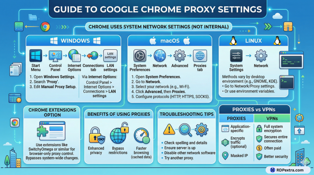 Guide to Google Chrome proxy settings showing Windows, macOS, and Linux proxy configuration steps