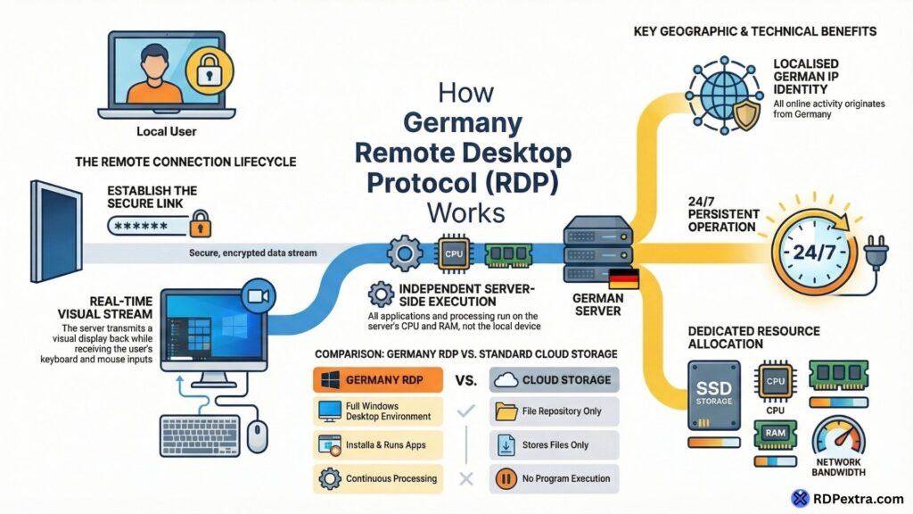 Infographic explaining how Germany RDP works including secure connection lifecycle, real-time visual stream, server-side execution, and dedicated German server resources.