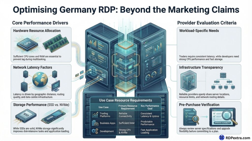 Infographic explaining factors that affect Germany RDP performance, including CPU and RAM allocation, network latency, SSD vs NVMe storage, and provider evaluation criteria.