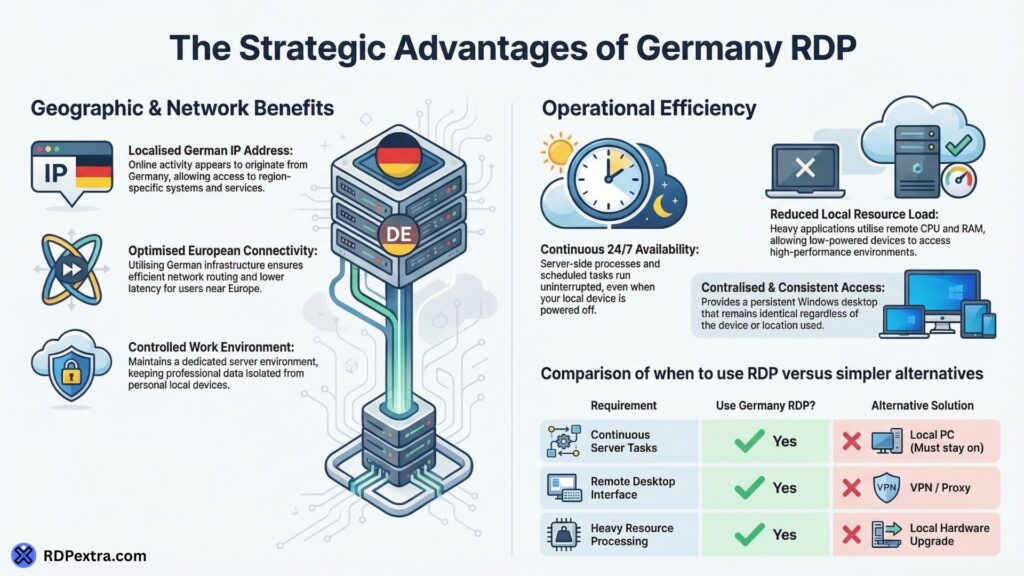 Infographic showing the strategic advantages of Germany RDP including German IP address, optimized European connectivity, 24/7 server availability, and dedicated server resources.