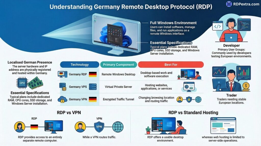 Infographic explaining Germany RDP, VPS, and VPN differences, specifications, and common use cases for developers and traders.