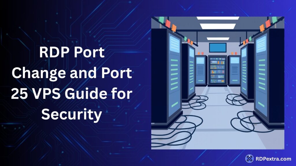 RDP port change and port 25 VPS guide for security with server racks and network infrastructure illustration