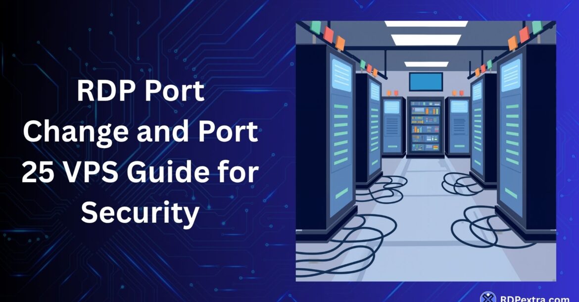RDP port change and port 25 VPS guide for security with server racks and network infrastructure illustration