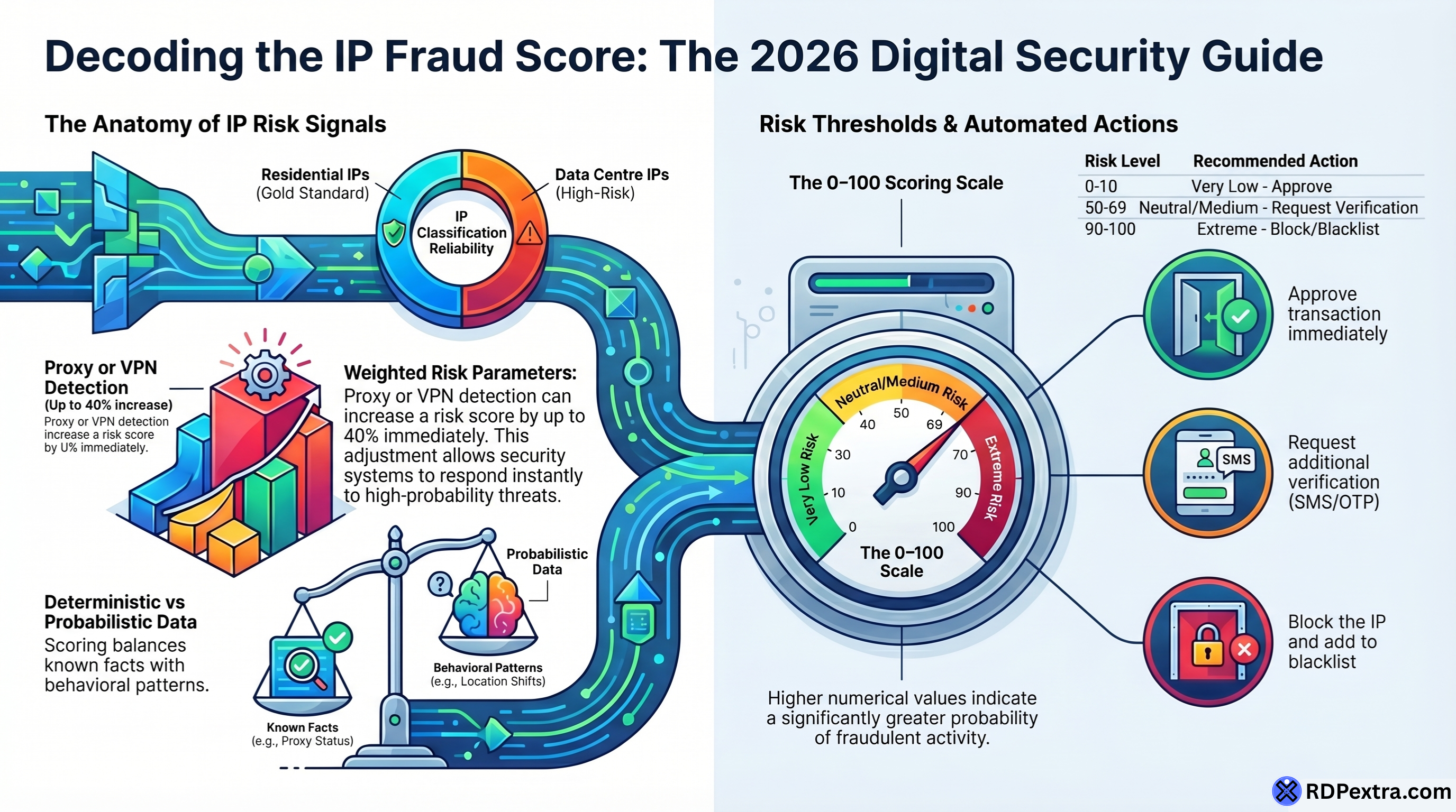 IP fraud score explained with risk levels, scoring scale, and fraud detection parameters diagram